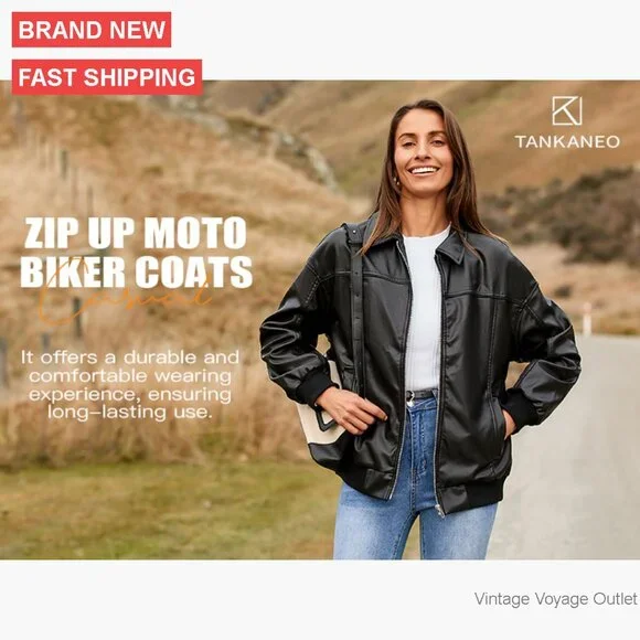 Oversized Faux Leather Bomber Jacket Zip Up Moto Biker Coat